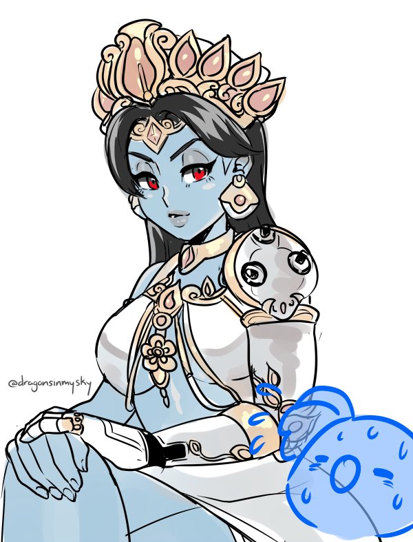 1girl black_hair blue_skin breasts choker cyborg d-ryuu earrings eyeshadow forehead_jewel goddess_symmetra grey_lipstick headdress jewelry legs_crossed lips long_hair looking_at_viewer makeup mechanical_arm mudra overwatch sitting symmetra_(overwatch) tiara under_boob vitarka_mudra