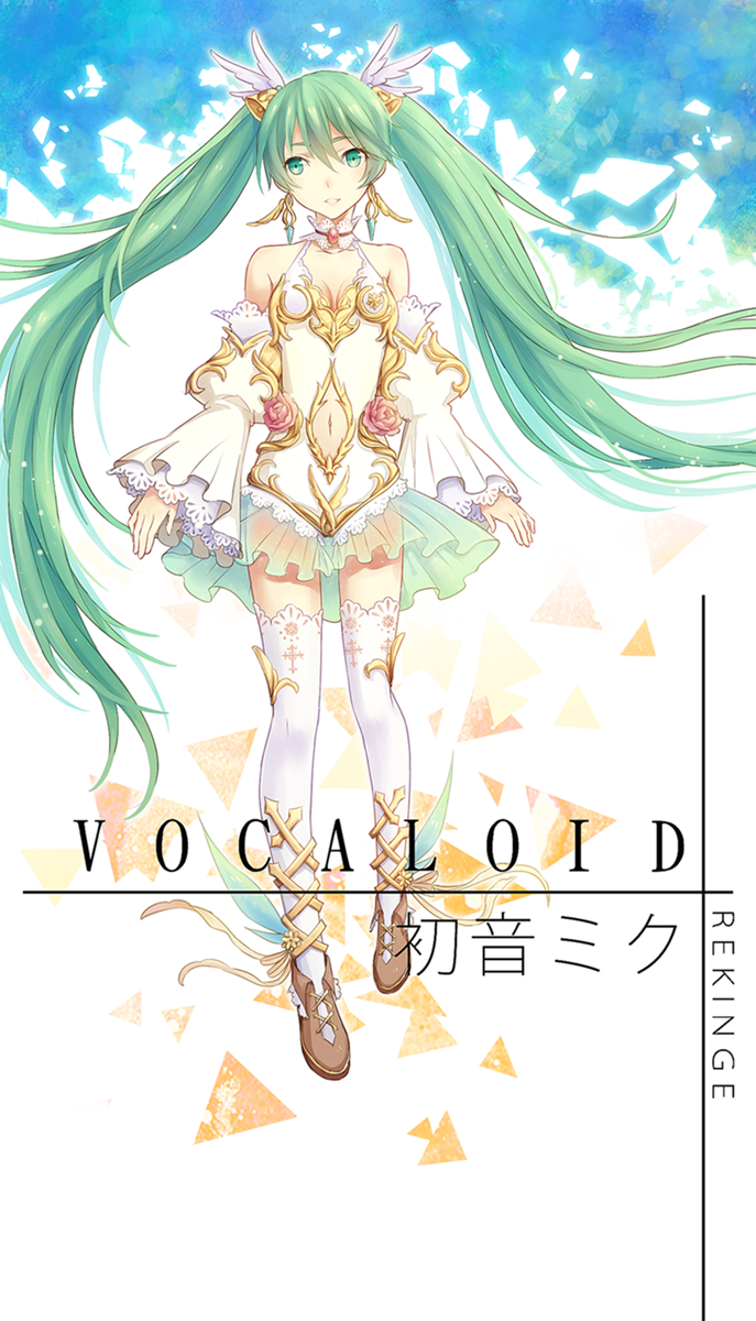 alternate_costume breasts cleavage detached_sleeves earrings green_eyes green_hair hatsune_miku highres jewelry long_hair navel_cutout reking shoes thigh-highs twintails vocaloid wide_sleeves winged_shoes wings