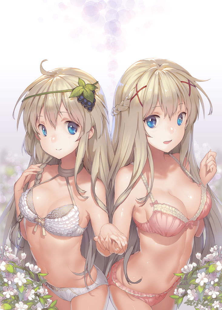 2girls ahoge bare_arms bare_shoulders blonde_hair blue_eyes blurry bow bow_bra bow_panties bra braid breasts cleavage closed_mouth cowboy_shot darkness_(konosuba) depth_of_field eyebrows_visible_through_hair eyelashes fingernails food frilled_bra frills fruit grapes hair_between_eyes hair_fruit hair_ornament halter_top halterneck hand_holding iris_(konosuba) kono_subarashii_sekai_ni_shukufuku_wo! long_hair looking_at_viewer medium_breasts multiple_girls navel open_mouth panties pink_bow pink_bra pink_panties ritsuki sharp_fingernails side-by-side side_braid single_braid smile stomach strap_gap underwear underwear_only very_long_hair white_background white_bra white_flower white_panties x_hair_ornament yellow_bow