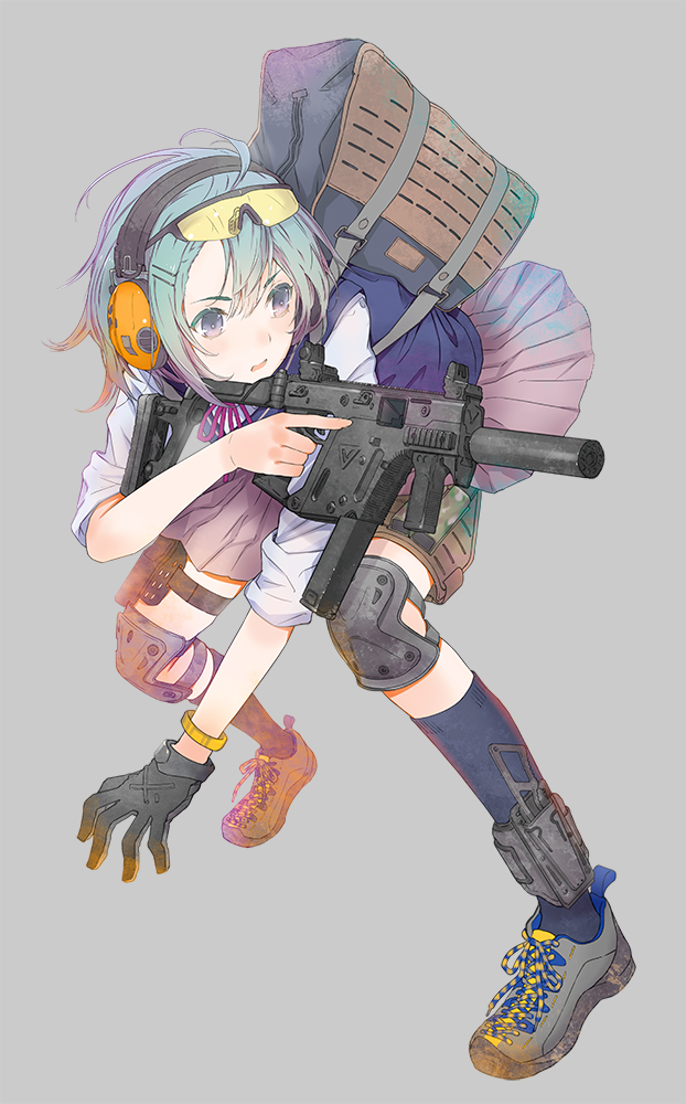 1girl aqua_hair bag black_legwear blue_eyes character_request commentary_request ear_protection full_body fuyuno_haruaki glasses_on_head gloves grey_background gun knee_pads kriss_vector little_armory shooting_glasses short_hair shoulder_bag single_glove solo submachine_gun weapon