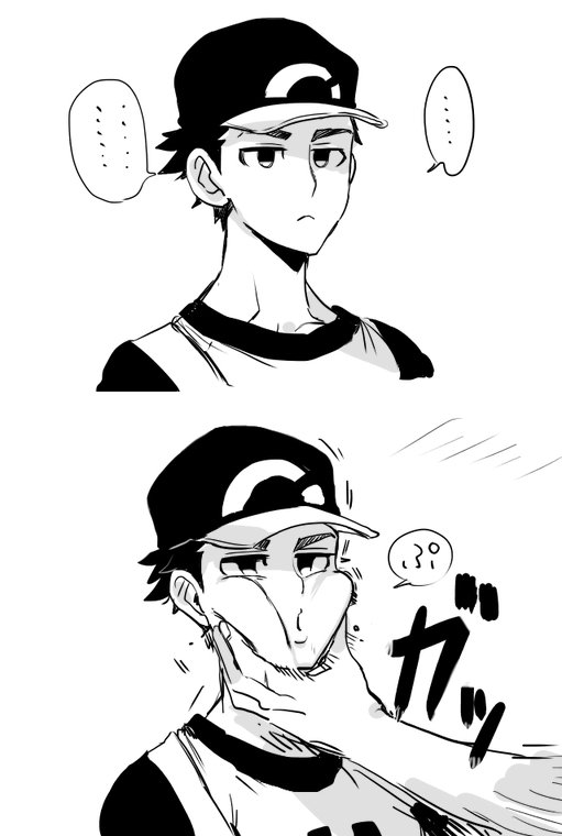 ... 1boy 2koma baseball_cap cheek_squash comic hands hat male_focus monochrome nanika_(nnkgh) pokemon pokemon_(game) pokemon_sm raglan_sleeves red_(pokemon) red_(pokemon)_(sm) shirt short_hair spoken_ellipsis t-shirt