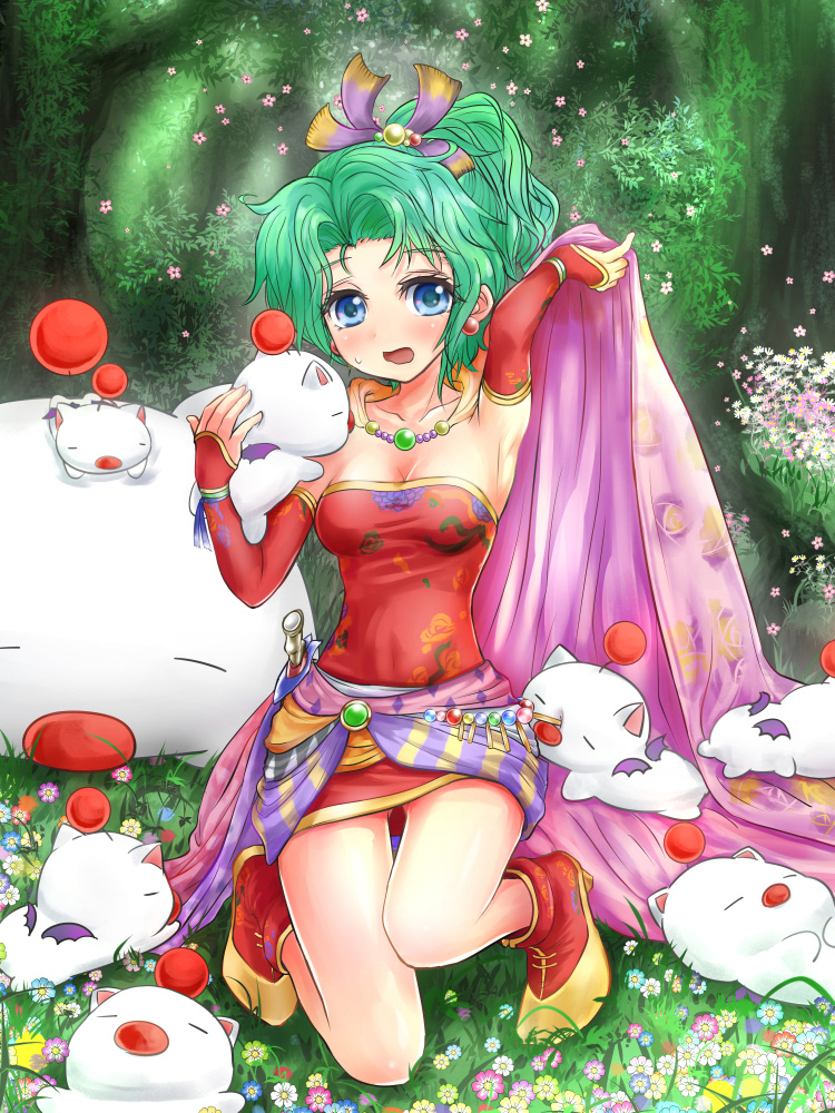 1girl armpits arms_up bat_wings blue_eyes boots breasts cape cleavage detached_sleeves dress final_fantasy final_fantasy_vi flower green_hair kneeling long_hair moogle nature open_mouth outdoors ponytail sheath sheathed short_dress strapless strapless_dress sword thigh_gap tina_branford tree weapon wings