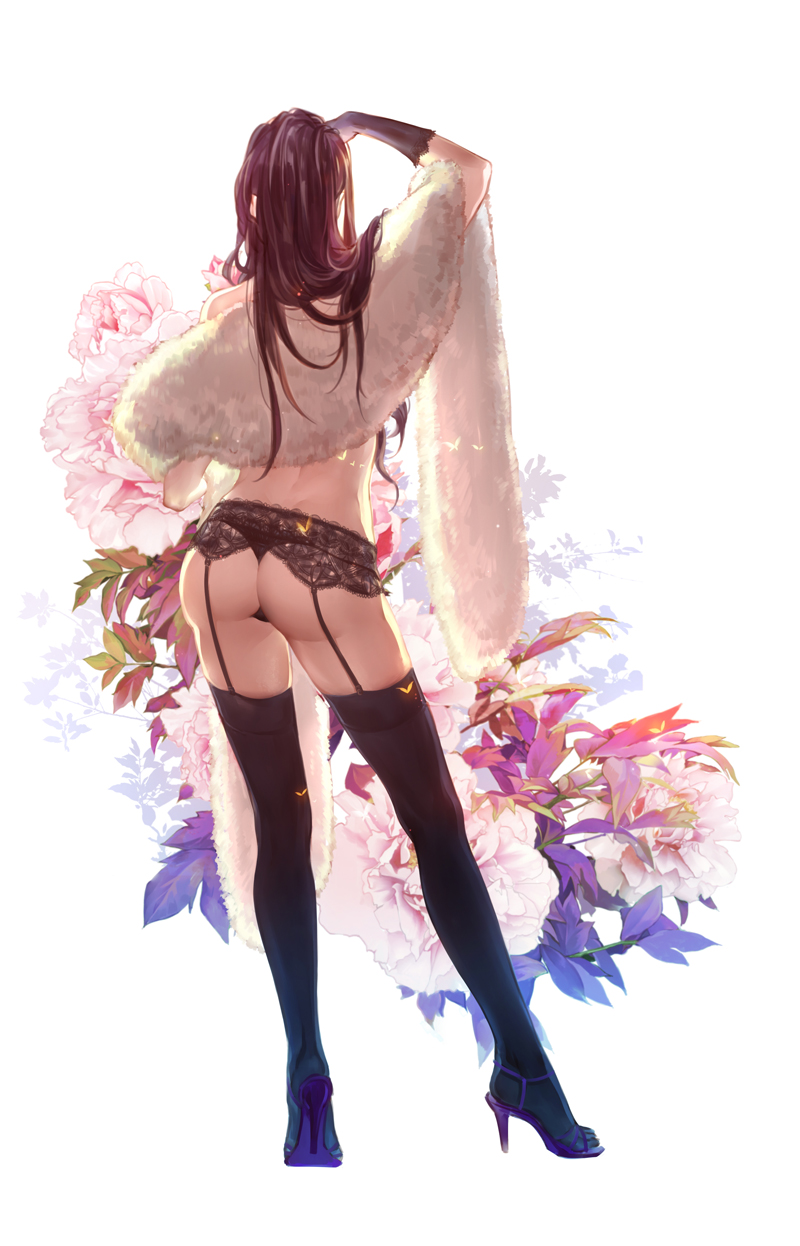 1girl arm_up ass back bare_shoulders black_hair black_legwear black_panties contrapposto floral_background flower from_behind full_body fur_trim garter_belt high_heels highres huazha01 lace legs_apart light_particles long_hair original panties purple_shoes shawl shoes solo standing thigh-highs thong thong_panties underwear underwear_only white_background
