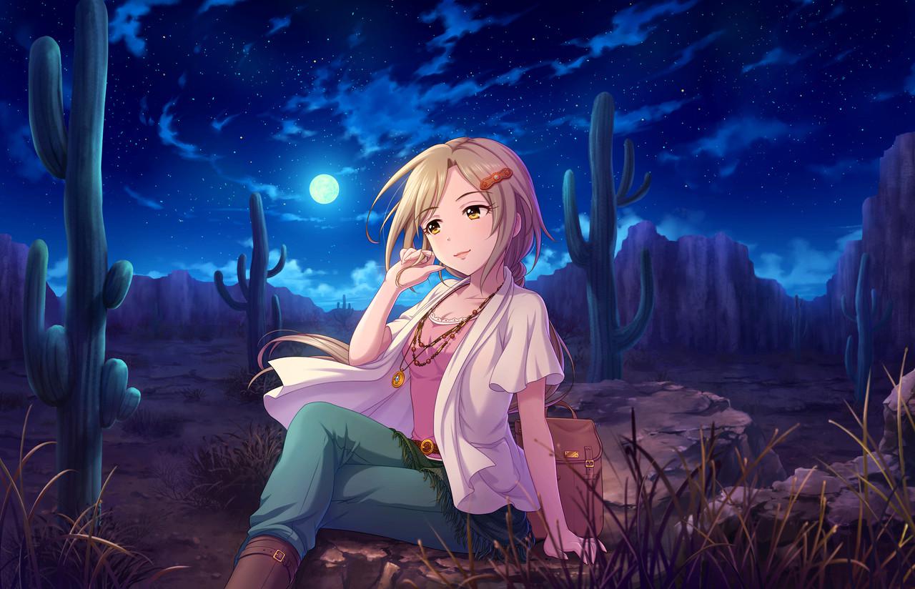 1girl artist_request bag brown_eyes brown_hair cactus clouds cloudy_sky fringe full_moon idolmaster idolmaster_cinderella_girls idolmaster_cinderella_girls_starlight_stage ijuuin_megumi jewelry jpeg_artifacts legs_crossed moon necklace night night_sky saguaro sky star_(sky) starry_sky western