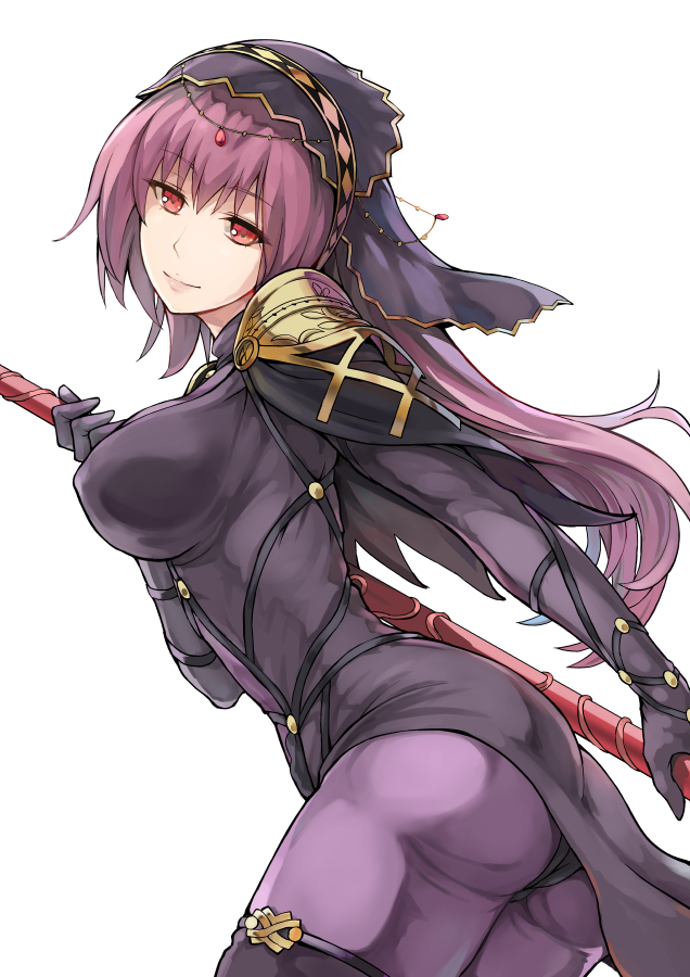 1girl ass bodysuit breasts covered_navel fate/grand_order fate_(series) gae_bolg large_breasts long_hair looking_at_viewer pauldrons polearm purple_bodysuit purple_hair red_eyes scathach_(fate/grand_order) simple_background smile solo spear veil weapon white_background yuugiri