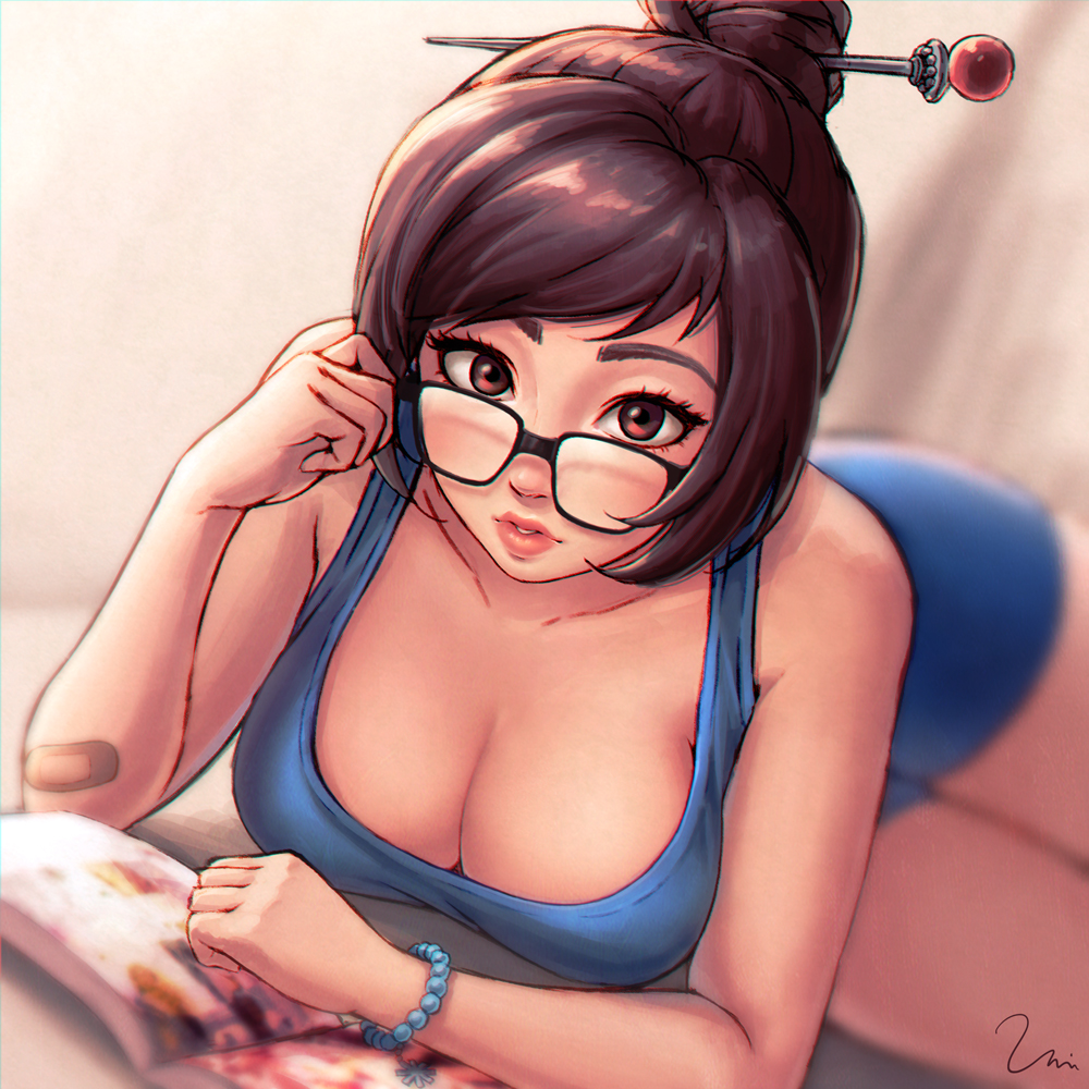 1girl bandaid black-framed_eyewear bracelet breasts brown_eyes brown_hair cleavage glasses hair_bun hair_ornament hairpin jewelry large_breasts looking_at_viewer lying mei_(overwatch) on_side on_stomach overwatch parted_lips reading signature solo umigraphics