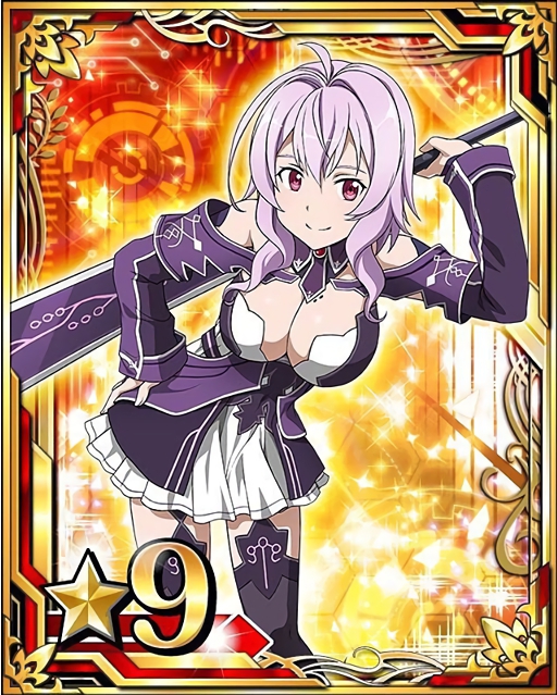 1girl black_legwear breasts card_(medium) cleavage hand_on_hip holding holding_sword holding_weapon large_breasts leaning_forward long_hair looking_at_viewer mole mole_on_breast purple_hair red_eyes smile solo strea sword sword_art_online thigh-highs weapon