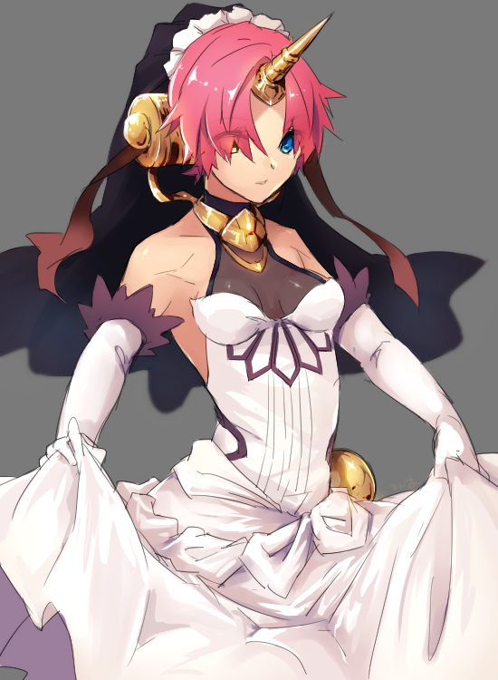 1girl bare_shoulders berserker_of_black blue_eyes breasts cocorosso dress dress_lift elbow_gloves eyes_visible_through_hair fate/grand_order fate_(series) gloves hair_over_eyes headgear heterochromia horn pink_hair short_hair small_breasts solo veil white_dress white_gloves yellow_eyes