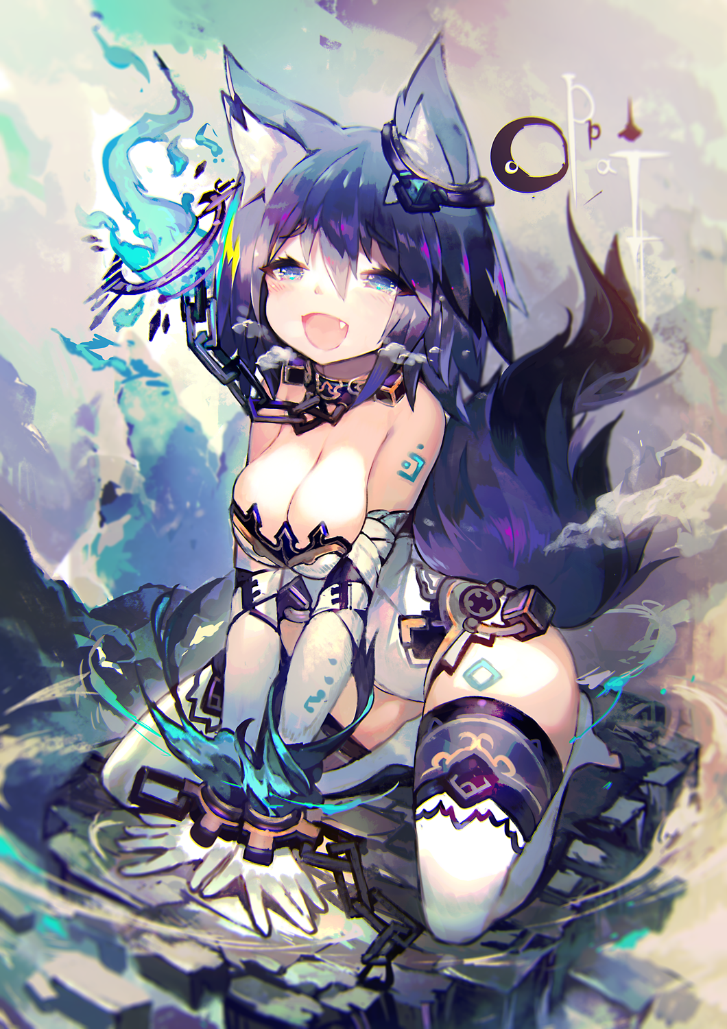 1girl animal_ears bare_shoulders blue_eyes blue_hair blush breasts cleavage fang fire flame fox_ears fox_tail highres kneeling large_breasts mamuru open_mouth original smile solo tail thigh-highs thighs white_legwear