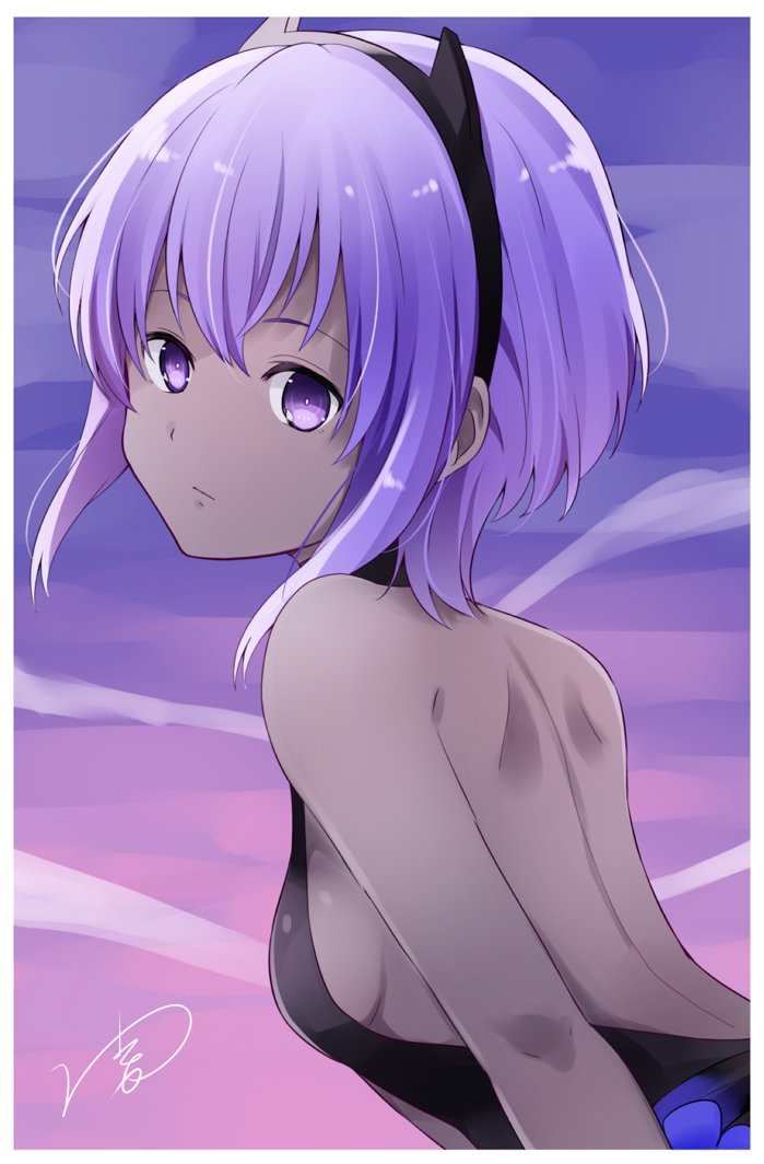 1girl assassin_(fate/prototype_fragments) bangs bare_arms bare_back bare_shoulders breasts dark_skin expressionless fate/prototype fate/prototype:_fragments_of_blue_and_silver fate_(series) headband leaning_forward looking_at_viewer looking_back purple_hair short_hair sideboob signature solo upper_body violet_eyes yukichi_(eikichi)