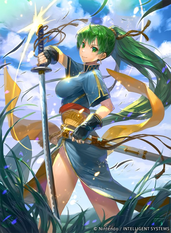 1girl bare_legs black_gloves breasts earrings female fingerless_gloves fire_emblem fire_emblem:_rekka_no_ken fire_emblem_cipher from_side gloves grass green_eyes green_hair hmk84 holding holding_sword holding_weapon jewelry katana large_breasts legs looking_at_viewer looking_to_the_side lyndis_(fire_emblem) matching_hair/eyes nintendo official_art ponytail sash scabbard sheath short_sleeves side_slit sky smile solo standing sword very_long_hair weapon