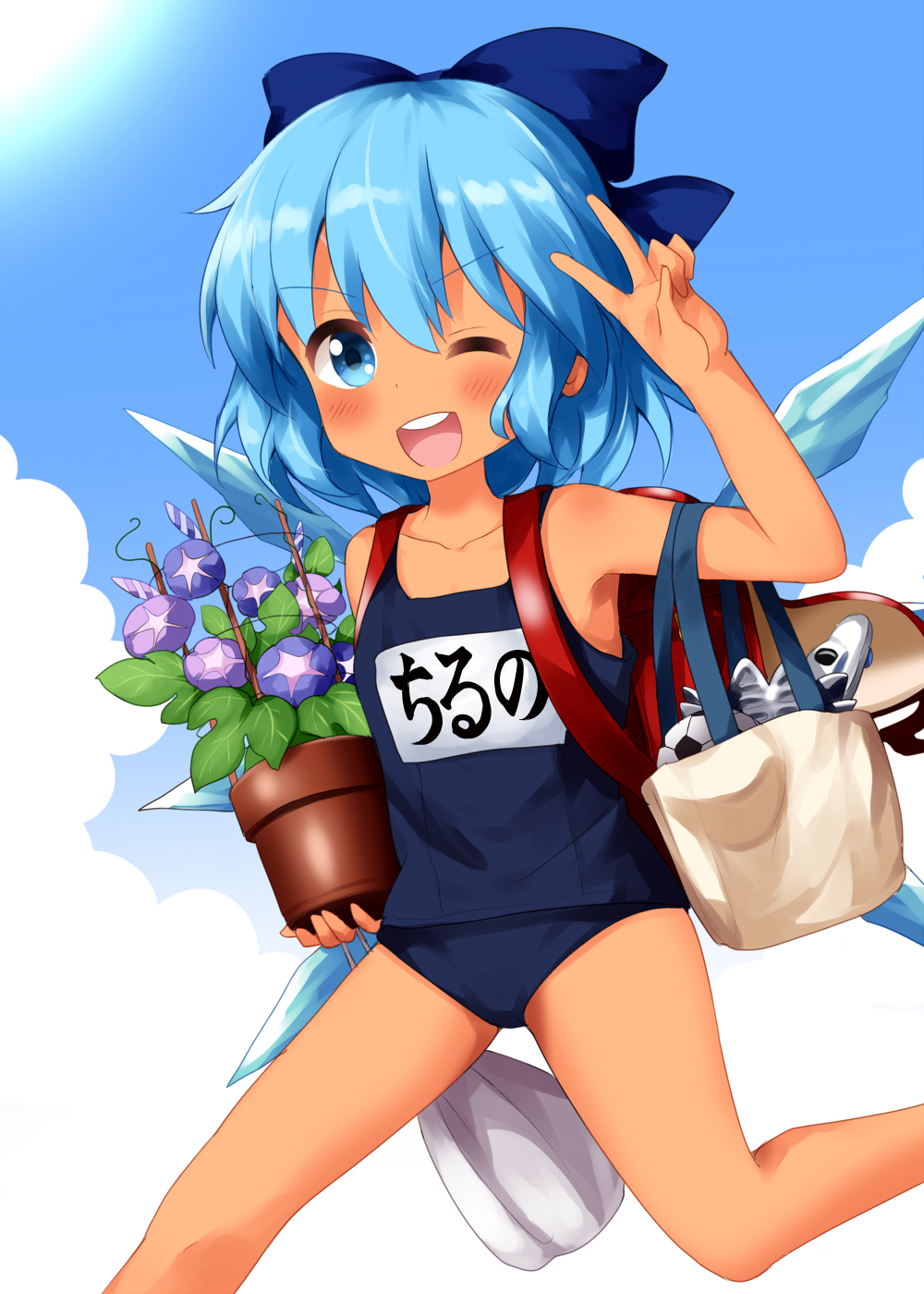 1girl ;d arm_up backpack bag ball bangs bare_arms bare_legs bare_shoulders blue_bow blue_eyes blue_flower blue_hair blue_sky blue_swimsuit blush bow character_name cirno clouds collarbone commentary_request day eyebrows_visible_through_hair feet_out_of_frame flower flower_pot hair_between_eyes hair_bow highres holding ice ice_wings looking_at_viewer name_tag one-piece_swimsuit one_eye_closed open_mouth outdoors purple_flower ruu_(tksymkw) school_swimsuit short_hair sky smile soccer_ball solo swimsuit tanned_cirno thighs touhou translated v v-shaped_eyebrows wings