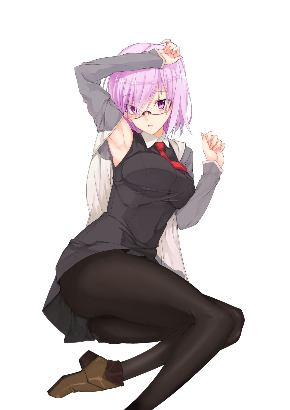 1girl armpits ass black_legwear boots breasts dress fate/grand_order fate_(series) glasses high_heels highres jacket kurokuro necktie pantyhose purple_hair shielder_(fate/grand_order) sleeveless sleeveless_dress smile solo violet_eyes