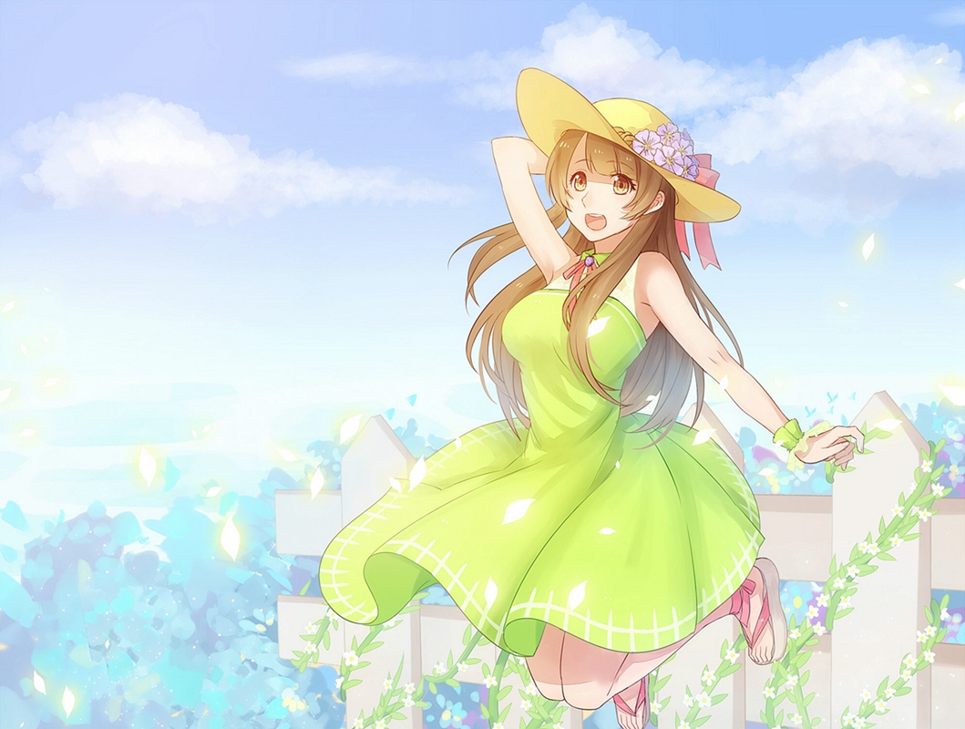 1girl :d arm_up bangs bare_shoulders blue_sky breasts brown_eyes brown_hair bush clouds day dress fence flower green_dress hat hat_flower holding holding_hat jumping large_breasts long_hair love_live! love_live!_school_idol_project minami_kotori open_mouth petals plant reking sandals scrunchie sky smile solo straw_hat sundress vines wrist_scrunchie