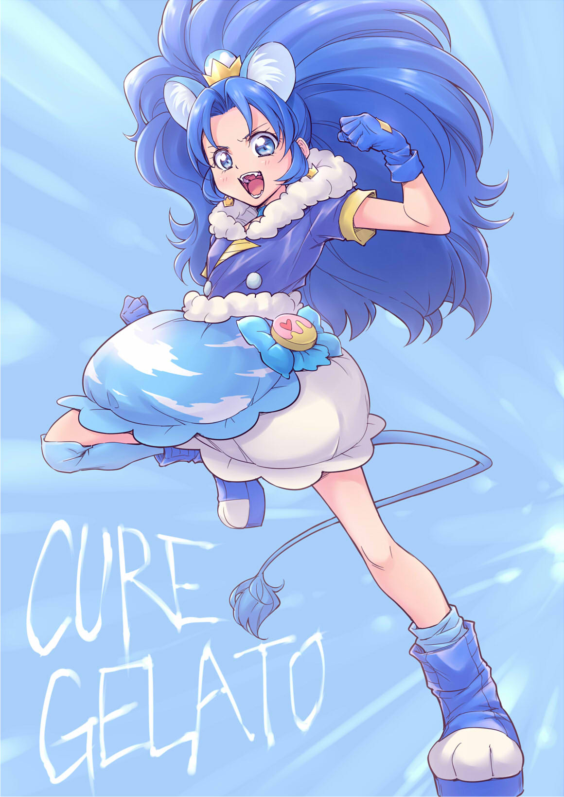 1girl :d animal_ears blue blue_background blue_eyes blue_gloves blue_hair blue_legwear blue_shirt blue_shoes blue_skirt cat_ears cat_tail character_name cloud_print crown cure_gelato earrings extra_ears fang gloves highres jewelry kirakira_precure_a_la_mode layered_skirt lion_ears lion_tail long_hair magical_girl mini_crown ogry_ching open_mouth precure print_skirt shirt shoes single_thighhigh skirt smile solo tail tategami_aoi thigh-highs