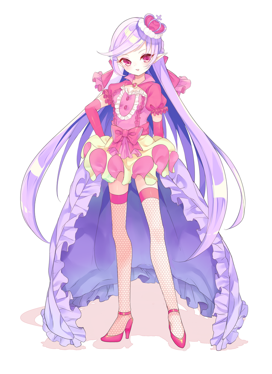 1girl alternate_color bow crown elbow_gloves fishnets full_body gloves high_heels highres kuro_guren long_hair looking_at_viewer pink_bow pink_eyes pink_gloves pink_shoes pointy_ears pokemon purple_hair shiny_pokemon shoes skirt solo standing tsareena yellow_skirt
