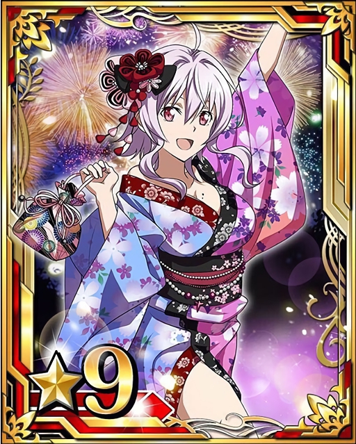 1girl ahoge breasts card_(medium) cleavage hair_between_eyes hair_ornament holding japanese_clothes kimono long_hair looking_at_viewer medium_breasts mole mole_on_breast number open_mouth pink_eyes pink_hair sash solo star strea sword_art_online yukata