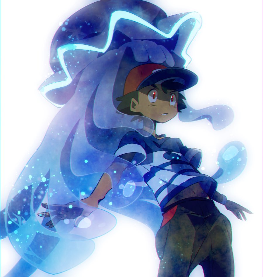 1boy ameiro_pk baseball_cap black_hair bloom capri_pants hat male_focus nihilego outstretched_arms pants parted_lips pokemon pokemon_(anime) pokemon_(game) pokemon_sm pokemon_sm_(anime) satoshi_(pokemon) shirt short_hair simple_background striped striped_shirt ultra_beast white_background