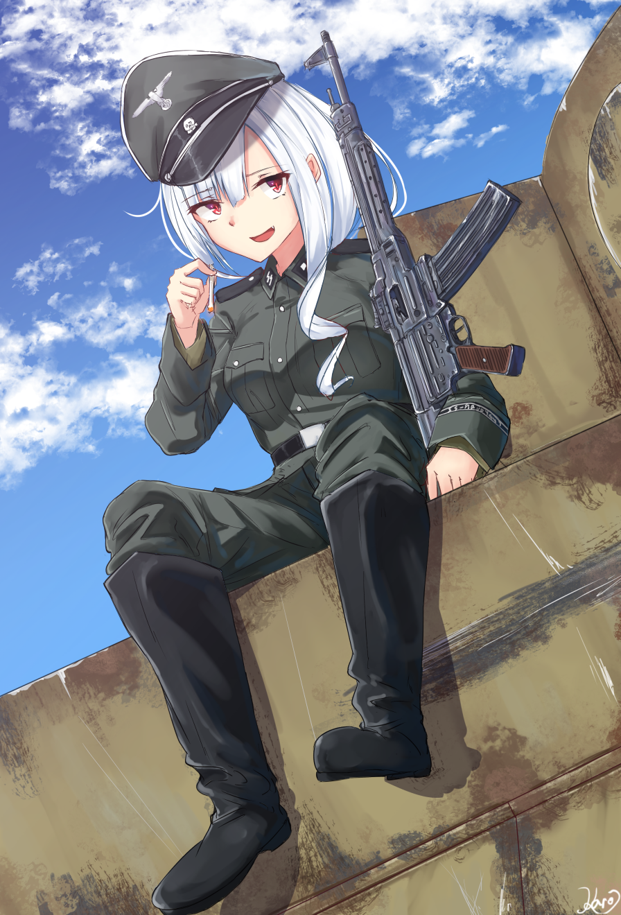 1girl artist_name assault_rifle breasts gun hat highres karo-chan medium_breasts nazi open_mouth original peaked_cap rifle signature solo ss_insignia stg44 violet_eyes weapon white_hair