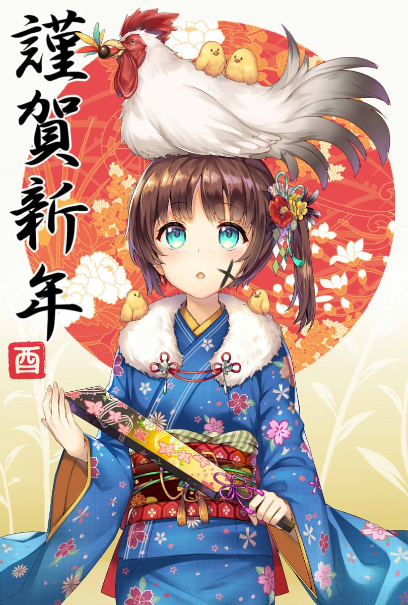 1girl :o animal animal_on_head animal_on_shoulder bangs bird bird_on_head bird_on_shoulder blue_eyes chick chicken commentary eyebrows_visible_through_hair facepaint floral_background floral_print flower fur_trim furisode hagoita hair_flower hair_ornament hanetsuki highres holding japanese_clothes kimono long_sleeves looking_up mokyu_(kukoudesu) nengajou new_year obi on_head open_mouth original paddle sash short_hair side_ponytail solo wide_sleeves year_of_the_rooster