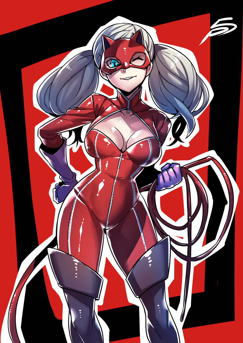 1girl black_boots black_gloves blonde_hair blue_eyes bodysuit boots breasts gloves hair_ornament highres holding holding_whip long_hair looking_at_viewer medium_breasts one_eye_closed parted_lips persona persona_5 red_bodysuit smirk solo standing takamaki_ann thigh-highs thigh_boots tsuki_wani twintails whip