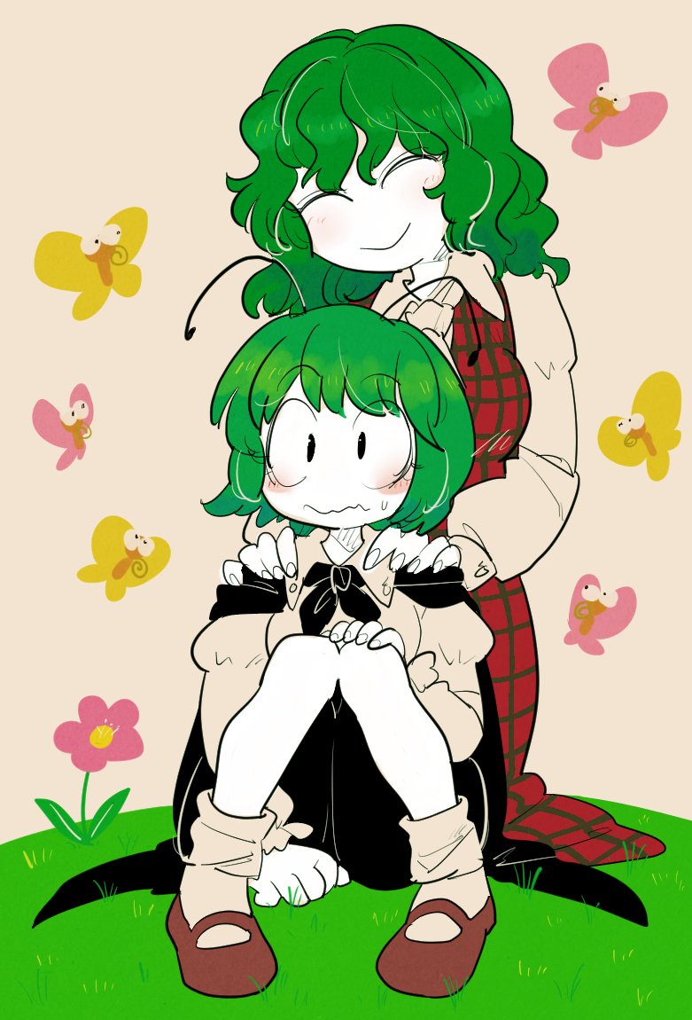 2girls 3: :&gt; ^_^ antennae blush bug cape closed_eyes furukawa_(yomawari) green_hair hand_on_own_knee hands_on_another's_shoulders kazami_yuuka knees_together_feet_apart long_sleeves multiple_girls no_nose plaid plaid_vest scared short_hair shorts sitting smile straight_hair sweat touhou vest wavy_hair wavy_mouth wriggle_nightbug yuri