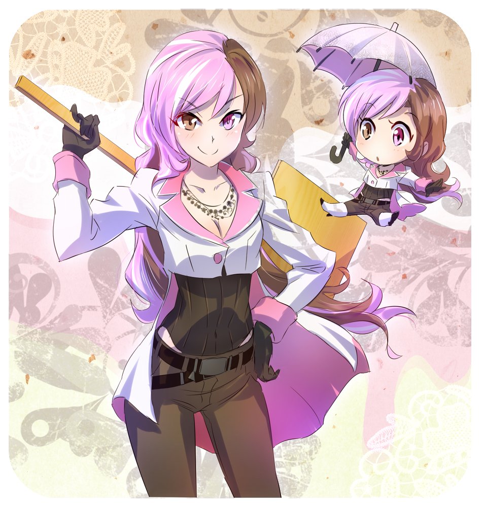 1girl breasts brown_eyes brown_hair chibi cleavage commentary dual_persona heterochromia iesupa jewelry looking_at_viewer necklace neo_(rwby) parasol pink_eyes pink_hair rwby rwby_chibi sign smile umbrella