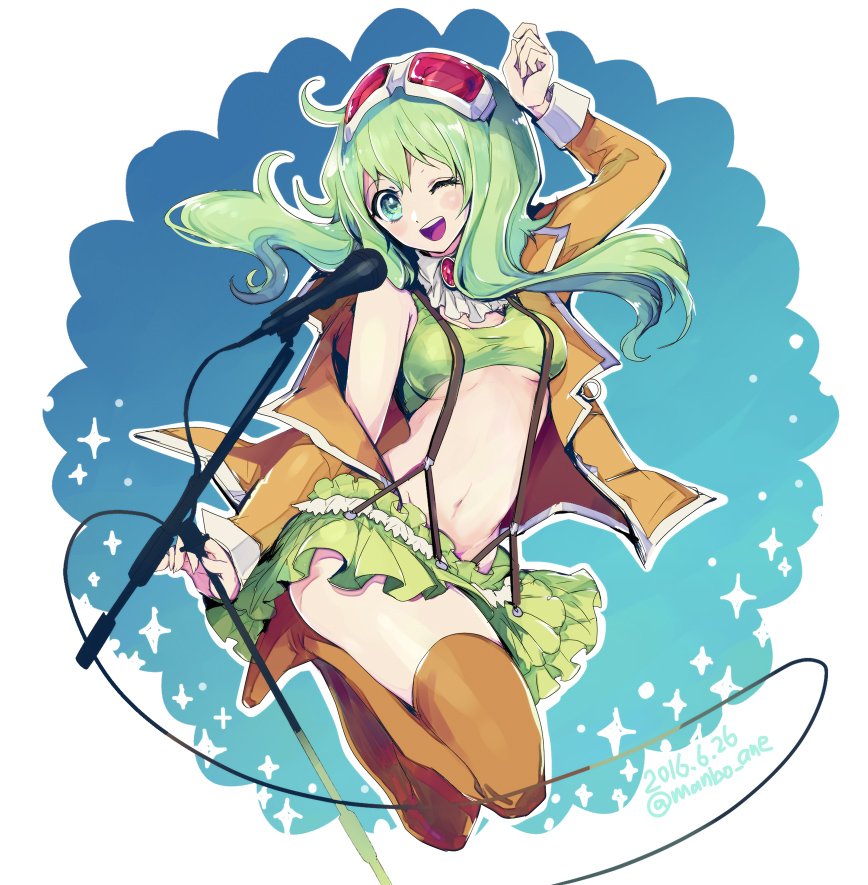 1girl 2016 :d ;) ;d alternate_costume arm_up blush_stickers breasts dated frilled_skirt frills full_body goggles goggles_on_head green_eyes green_hair gumi jacket manbou_no_ane megpoid_(vocaloid3) microphone navel off_shoulder one_eye_closed open_clothes open_jacket open_mouth orange_legwear short_hair skirt smile suspender_skirt suspenders thigh-highs twitter_username under_boob vocaloid