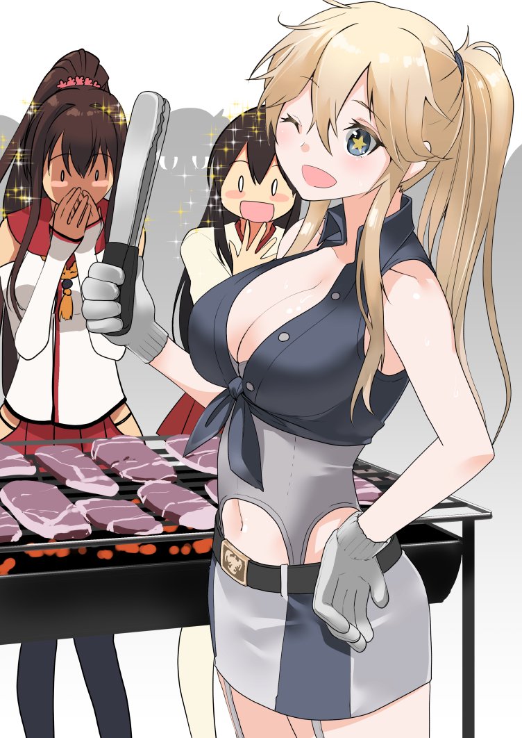 0_0 3girls akagi_(kantai_collection) alternate_hairstyle barbecue belt black_legwear blonde_hair blue_eyes blush_stickers breasts brown_hair cleavage commentary_request covering_mouth food front-tie_top garter_straps gloves grill hip_vent iowa_(kantai_collection) kaga_(kantai_collection) kantai_collection large_breasts long_hair masukuza_j miniskirt multiple_girls no_headgear open_mouth ponytail red_skirt skirt sparkle star star-shaped_pupils steak symbol-shaped_pupils tongs white_legwear yamato_(kantai_collection)
