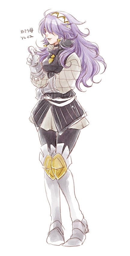 1girl armor armored_dress boots curly_hair fire_emblem fire_emblem_if headdress insarability lips long_hair playing_with_hair purple_hair simple_background skirt smile soleil_(fire_emblem_if) solo standing white_background