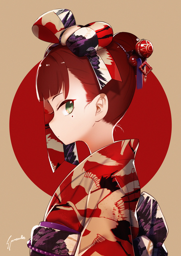 1girl alternate_hairstyle animal_print anne_(wixoss) artist_name bangs beads bird bird_print blunt_bangs blush bow brown_background closed_mouth crane_(animal) eyelashes flat_chest from_side green_eyes hair_bow hair_bun hair_ornament hair_stick hair_up japanese_clothes kimono long_sleeves looking_at_viewer mole mole_under_eye new_year obi print_bow print_kimono profile red_kimono red_sun redhead sash shamonabe_(pypyworks) side_glance signature solo syamo003 upper_body wixoss year_of_the_rooster