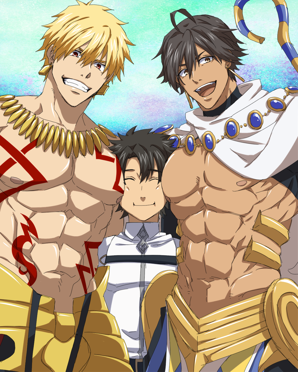3boys black_hair blonde_hair blue_sky boy_sandwich brown_hair cape closed_eyes dark_skin dark_skinned_male day earrings fate/grand_order fate/prototype fate/prototype:_fragments_of_blue_and_silver fate_(series) fujimaru_ritsuka_(male) gilgamesh grin height_difference highres jewelry male_focus multiple_boys muscle nipples pectorals red_eyes rider_(fate/prototype_fragments) sandwiched shirtless short_hair sky smile staff tattoo uniform youkami