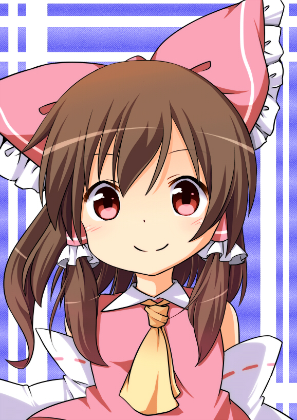 1girl ascot bare_shoulders blush bow brown_hair detached_sleeves hair_bow hakurei_reimu large_bow long_hair looking_at_viewer nitizyo red_eyes smile solo touhou upper_body vest