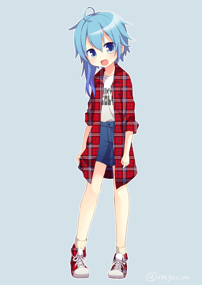 1girl :d blue_eyes blue_hair blush fang full_body kantai_collection minazuki_(kantai_collection) nagasioo open_mouth plaid plaid_shirt shirt shoes short_hair_with_long_locks shorts smile sneakers solo standing twitter_username