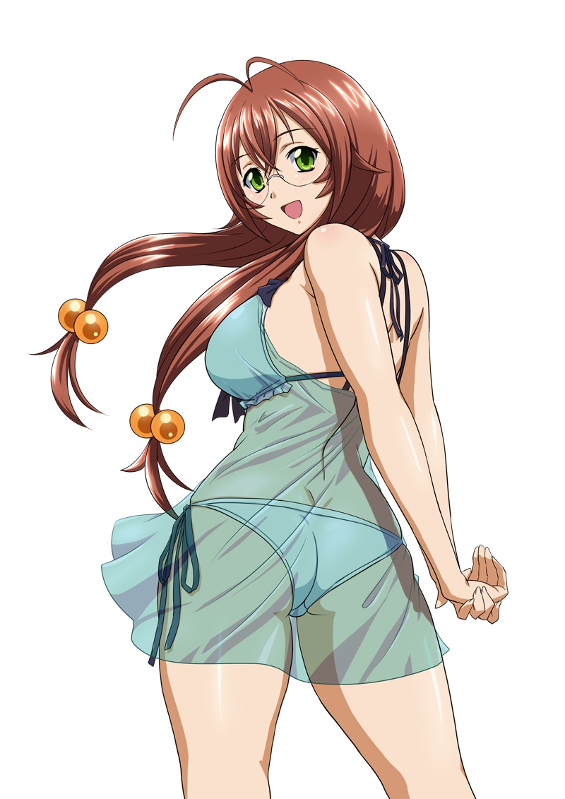 1girl antenna_hair arms_behind_back ass bikini brown_hair butt_crack glasses green_eyes hair_bobbles hair_ornament hair_over_shoulder halter_top halterneck hands_together ikkitousen long_hair looking_back official_art open_mouth rimless_glasses ryuubi_gentoku see-through simple_background solo swimsuit swimsuit_under_clothes white_background