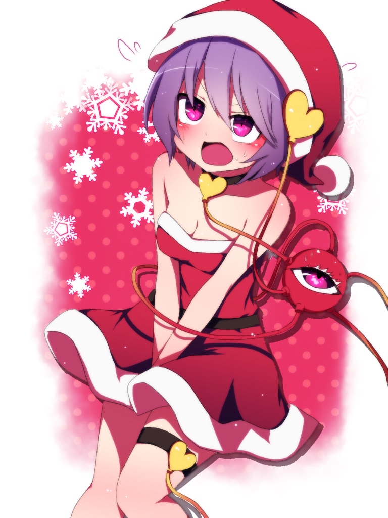 &gt;:o 1girl :o alternate_costume bangs bare_shoulders blush breasts choker cleavage collarbone cowboy_shot dress dress_tug embarrassed eyeball flying_sweatdrops hat heart komeiji_satori open_mouth pink_eyes purple_hair red_dress santa_costume santa_hat short_dress short_hair small_breasts snowflake_background solo strapless strapless_dress sweat thigh_strap third_eye touhou v_arms you_(noanoamoemoe)