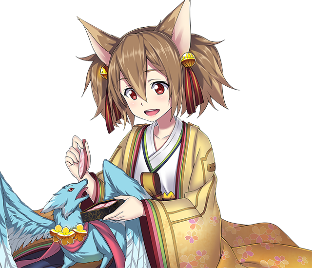 1girl :d animal_ears brown_hair cat_ears collarbone dragon feeding food hair_between_eyes hair_ribbon japanese_clothes kimono long_hair meat open_mouth pina_(sao) red_eyes red_ribbon ribbon silica_(sao-alo) smile solo sword_art_online transparent_background upper_body