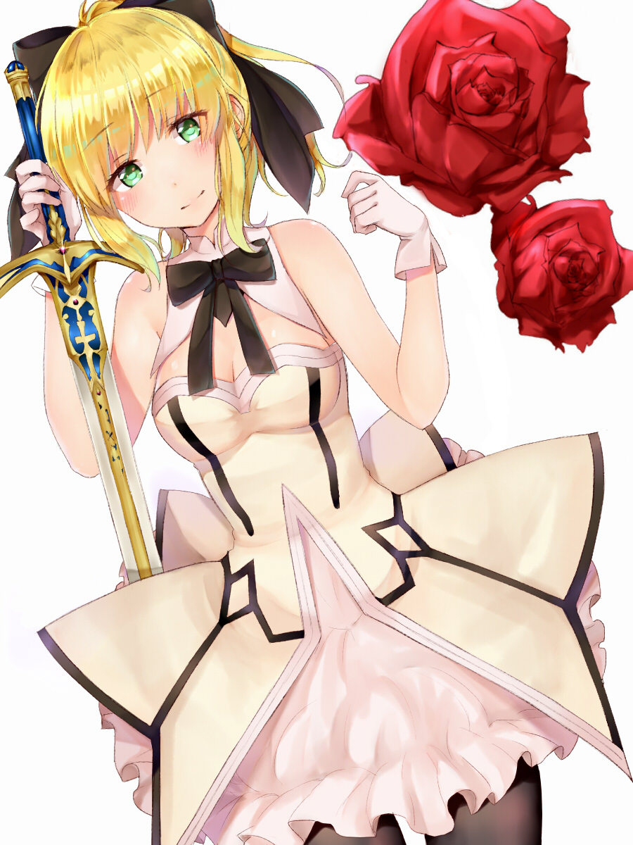 1girl bare_shoulders black_ribbon blonde_hair blush breasts caliburn cleavage detached_collar fate/grand_order fate_(series) flower gloves green_eyes hair_ribbon highres maria_(maria0304) medium_breasts pantyhose ribbon rose saber saber_lily smile solo white_gloves