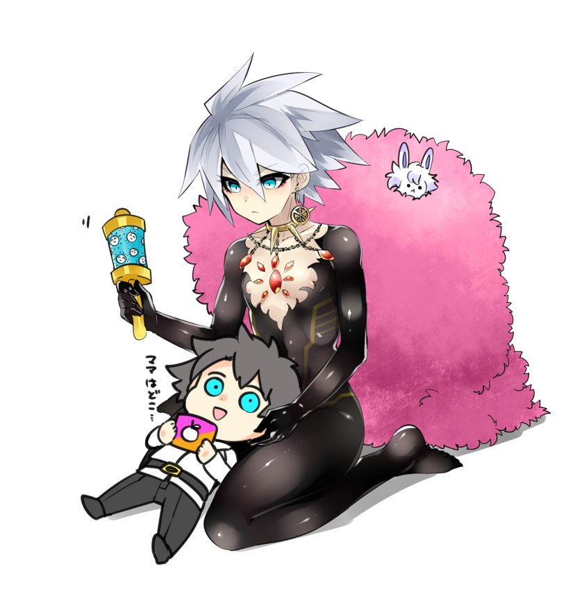 2boys black_hair blue_eyes bodysuit center_opening chibi earrings fate/apocrypha fate/grand_order fate_(series) fou_(fate/grand_order) fujimaru_ritsuka_(male) fur_trim gift_card jewelry karna_(fate) lying_on_person magatatara male_focus multiple_boys on_lap pale_skin rattle riyo_(lyomsnpmp)_(style) silver_hair simple_background smile translated uniform white_background