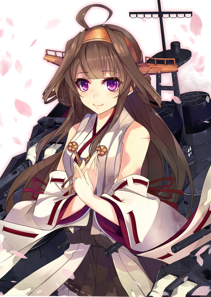 1girl ahoge alternate_eye_color bare_shoulders brown_hair cherry_blossoms detached_sleeves double_bun hairband hands_together headgear jewelry kantai_collection kongou_(kantai_collection) long_hair looking_at_viewer machinery nontraditional_miko ribbon-trimmed_sleeves ribbon_trim ring shirokitsune skirt smile solo violet_eyes wedding_band white_background wide_sleeves
