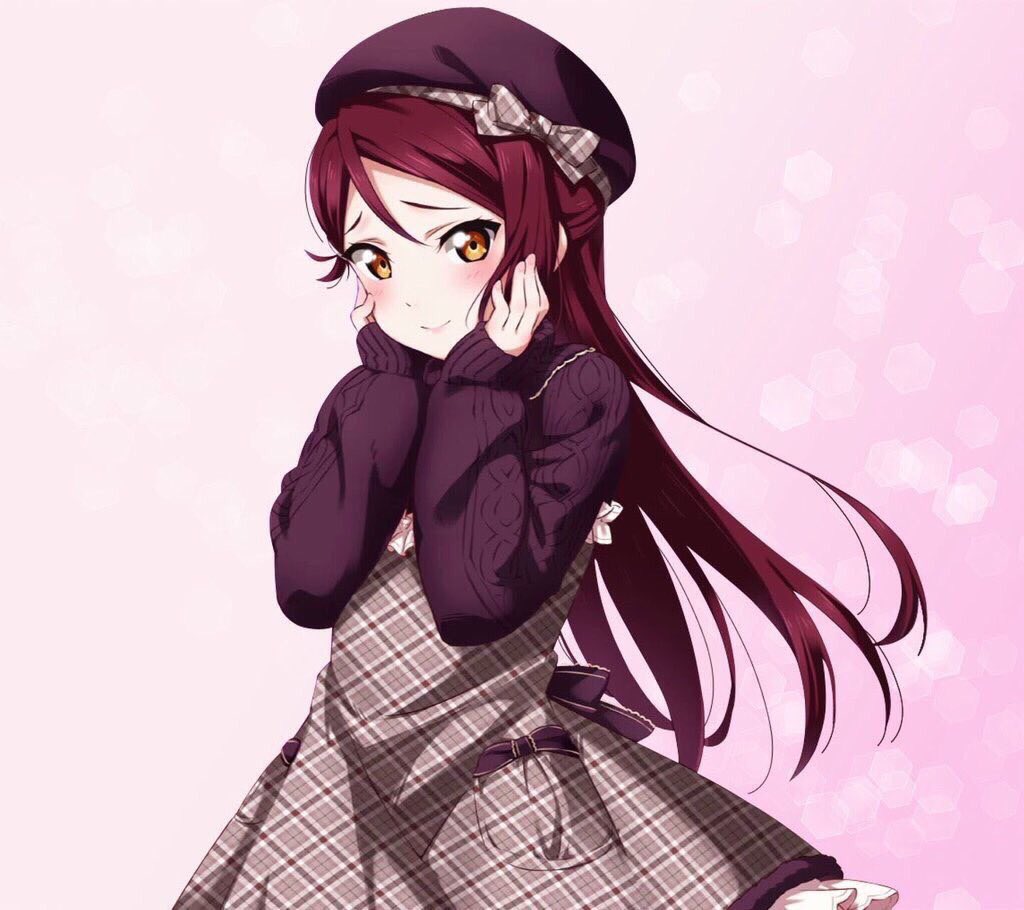 1girl blush dress half_updo hands_on_own_cheeks hands_on_own_face hat long_hair looking_at_viewer love_live! love_live!_sunshine!! lovelove51360 pink_background redhead sakurauchi_riko smile solo sweater yellow_eyes