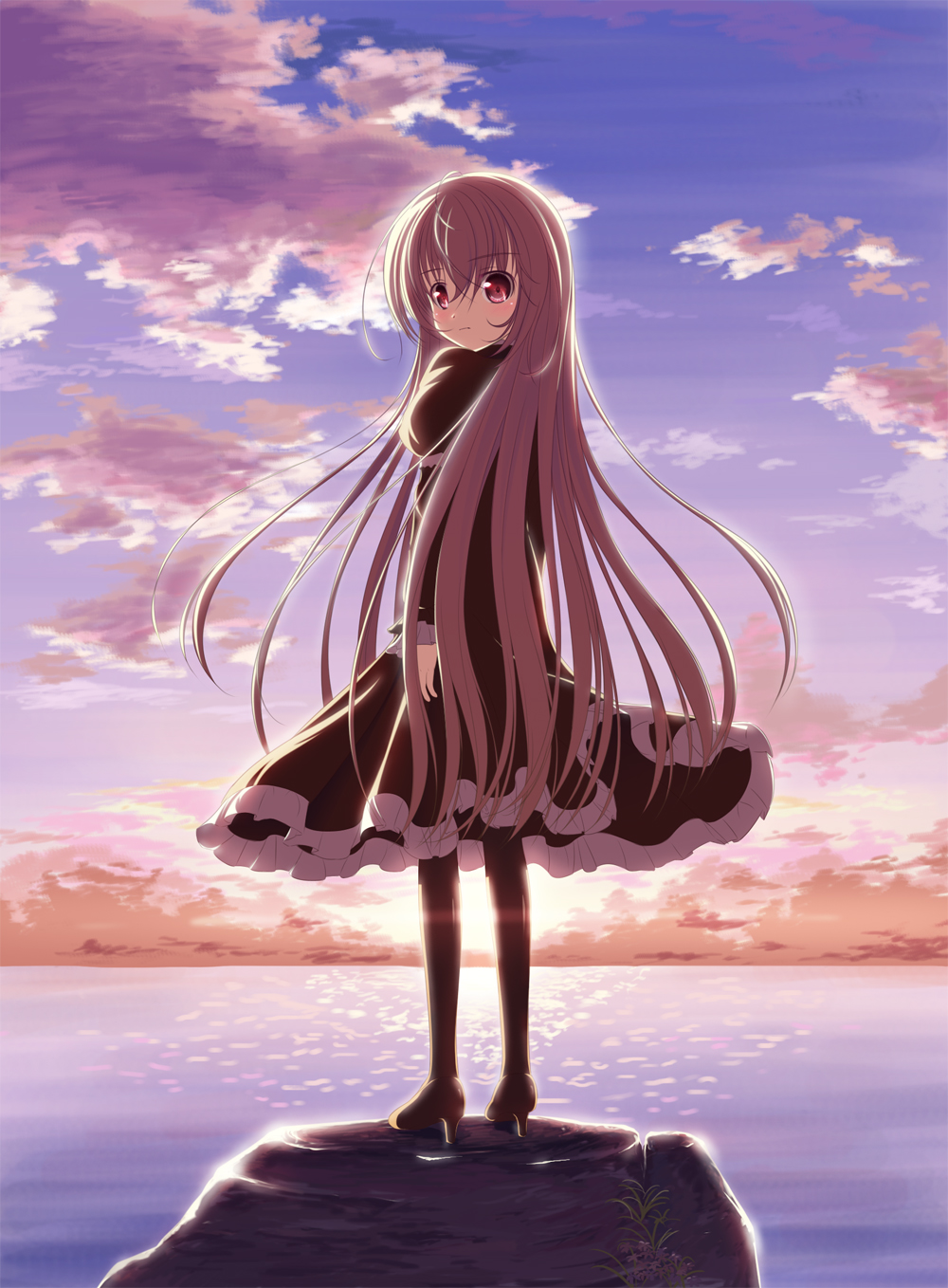 1girl black_dress black_legwear brown_hair dress eyebrows_visible_through_hair full_body gothic_lolita hair_between_eyes highres lolita_fashion long_hair looking_at_viewer looking_back original outdoors psyche3313 red_eyes solo standing