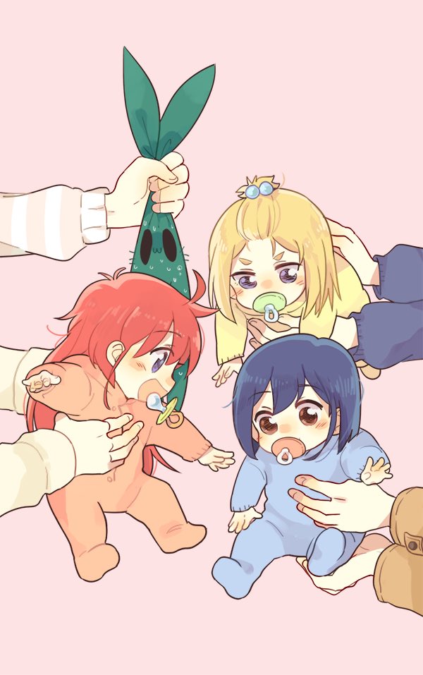 3girls baby bangs_pinned_back blonde_hair blue_eyes blue_hair brown_eyes flip_flappers hair_bobbles hair_ornament holding_ears keiya kokomine_cocona long_hair multiple_girls open_mouth orange_hair pacifier papika_(flip_flappers) rabbit short_hair smile sweat uexkull violet_eyes yayaka younger