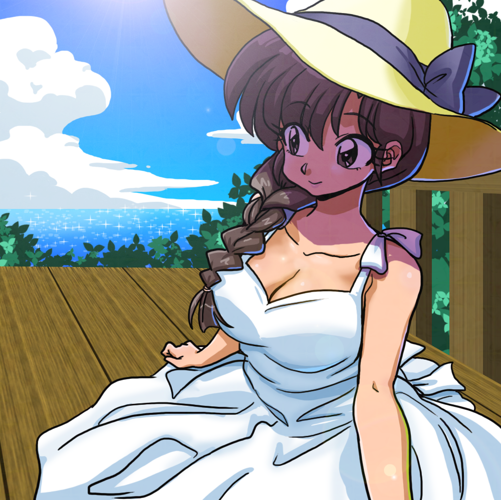 1girl bangs bare_shoulders braid breasts brown_eyes brown_hair cleavage closed_mouth clouds cloudy_sky day dress hat hat_ribbon large_breasts light_smile long_hair looking_to_the_side matching_hair/eyes medium_breasts ocean outdoors porch ranma_1/2 ribbon sitting sky smile solo sun_hat sundress tendou_kasumi wantan-orz white_dress yellow_hat