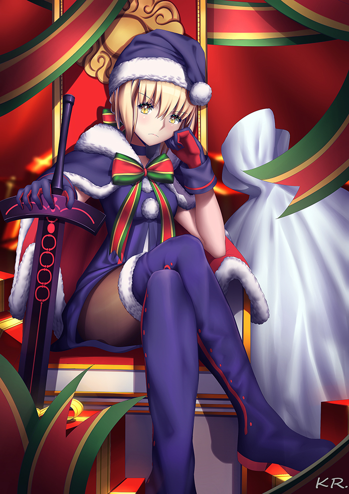 1girl blonde_hair blurry blush boots breasts cape chair chin_rest closed_mouth depth_of_field dress eyebrows_visible_through_hair fate/grand_order fate_(series) frown fur_trim gloves hat head_tilt legs_crossed medium_breasts purple_boots purple_dress purple_legwear saber saber_alter sack santa_alter santa_hat sitting solo sword thigh-highs thigh_boots weapon xiaosan_ye yellow_eyes