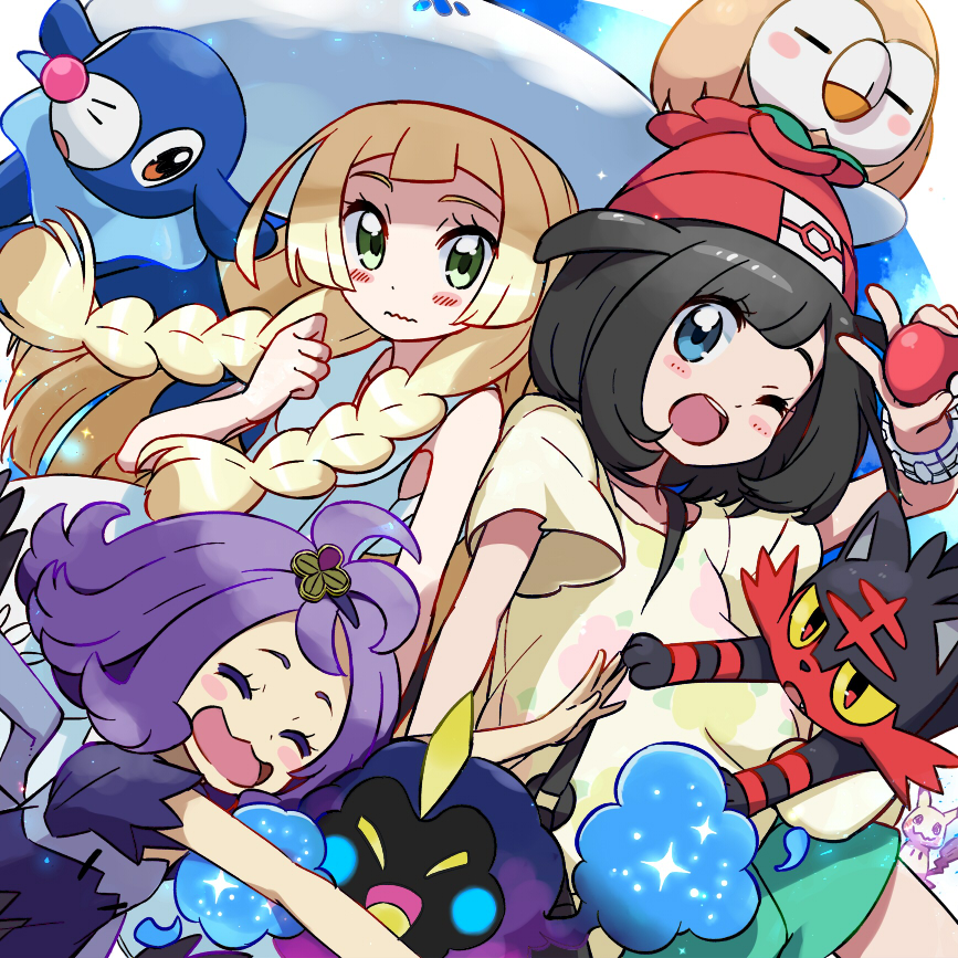 3girls acerola_(pokemon) animal animal_on_head arm_up beanie black_hair blonde_hair blue_eyes blush blush_stickers closed_eyes commentary_request cosmog female_protagonist_(pokemon_sm) floral_print green_eyes hand_up hat holding holding_poke_ball kingin lillie_(pokemon) litten long_hair mimikyu multiple_girls one_eye_closed open_mouth outstretched_arms poke_ball pokemon pokemon_(creature) pokemon_(game) pokemon_sm popplio print_shirt purple_hair rowlet shirt short_hair smile sun_hat topknot v wavy_mouth