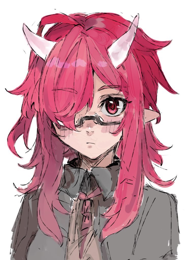 1girl black-framed_eyewear blush closed_mouth eyebrows_visible_through_hair glasses hair_over_one_eye horns long_hair maido_mido original pink_eyes pink_hair pink_horns pointy_ears simple_background sketch solo upper_body white_background