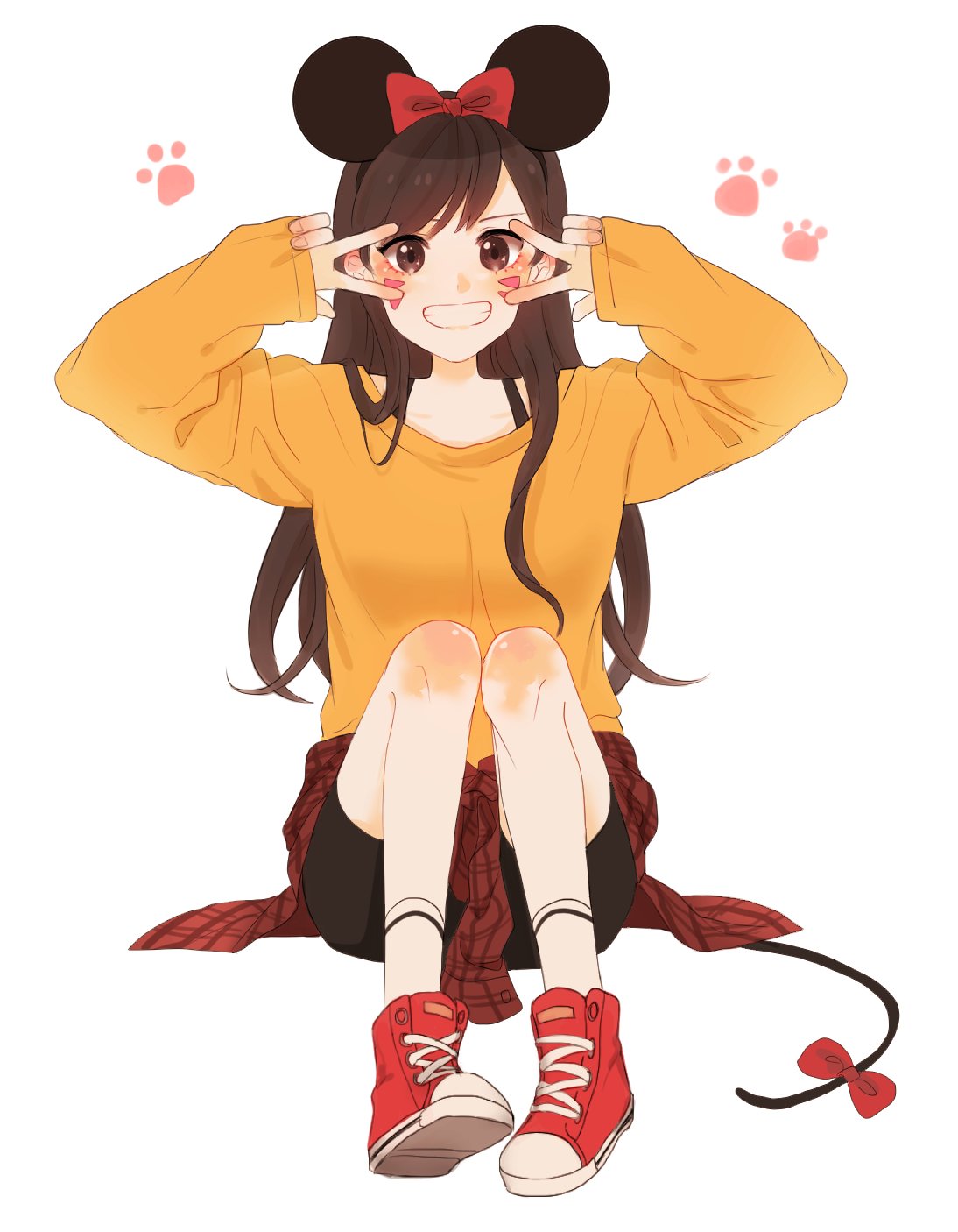 1girl :d animal_ears bangs bike_shorts black_hair black_shorts body_blush bow brown_eyes brown_hair clothes_around_waist collarbone cross-laced_footwear d.va_(overwatch) disney double_v facepaint facial_mark fake_animal_ears fingernails grin hair_bow hairband hands_up highres jacket_around_waist long_sleeves looking_at_viewer matching_hair/eyes mickey_mouse mouse_ears mouse_tail open_mouth overwatch paw_print perio_67 plaid_jacket red_bow red_shoes shirt shoes shorts simple_background sitting sleeves_past_wrists smile sneakers solo tail tail_bow teeth v whisker_markings white_background yellow_shirt