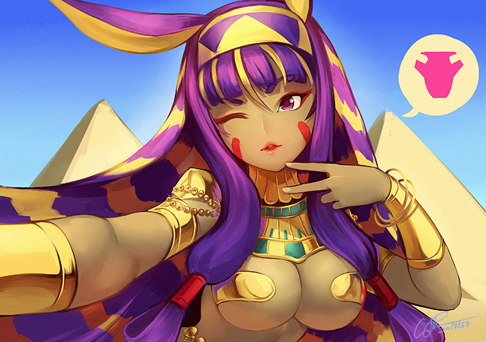 1girl ;) animal_ears bangs blonde_hair blunt_bangs bracelet breasts cleavage dark_skin egyptian egyptian_clothes fate/grand_order fate_(series) gold hair_tubes hairband heart jewelry long_hair longjunt looking_at_viewer medium_breasts multicolored_hair nitocris_(fate/grand_order) one_eye_closed parted_lips purple_hair pyramid revealing_clothes self_shot sidelocks smile solo spoken_heart two-tone_hair upper_body v violet_eyes