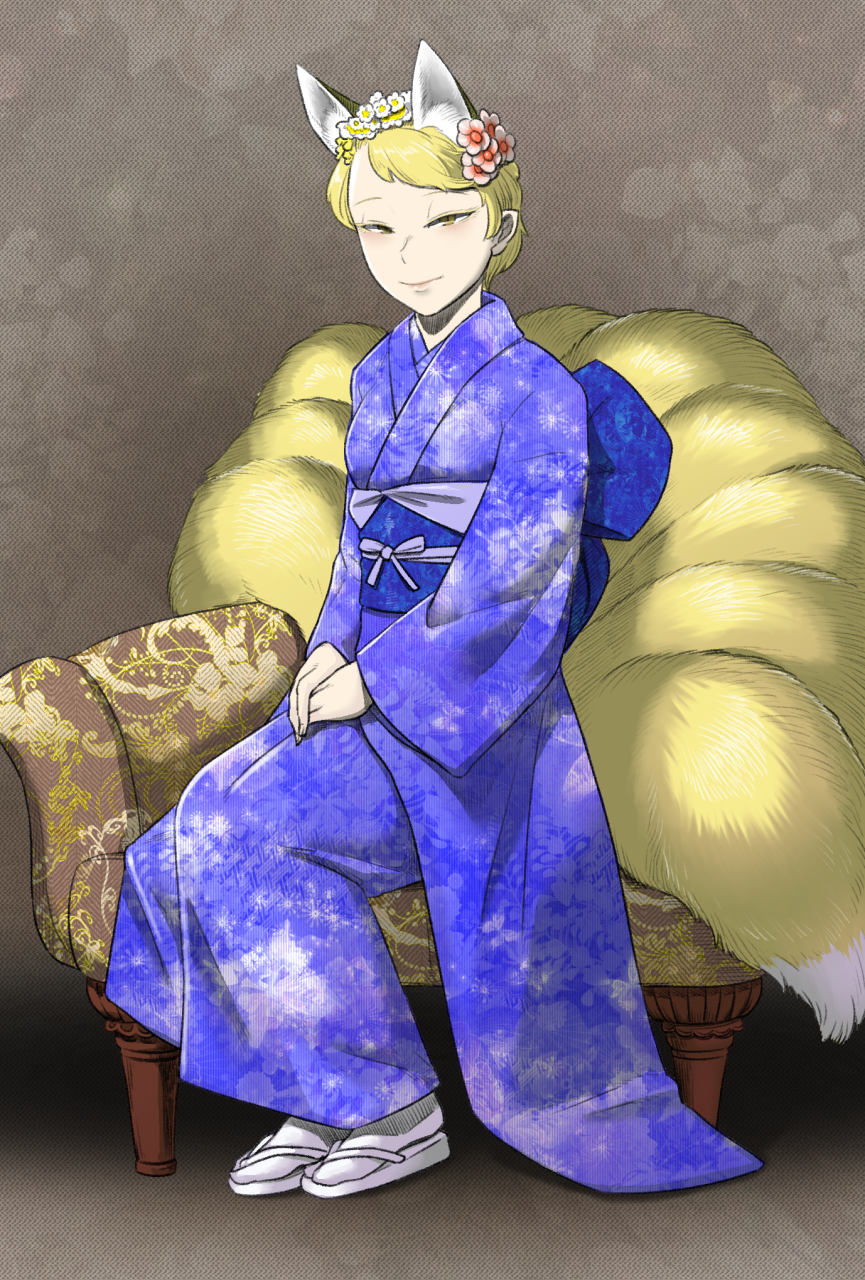 1girl alternate_costume animal_ears blonde_hair blue_kimono breasts chair floral_print flower fox_ears fox_tail hair_flower hair_ornament half-closed_eyes hands_together highres japanese_clothes kimono leex long_sleeves looking_at_viewer multiple_tails obi pointy_ears sash short_hair sitting small_breasts smile solo tabi tail touhou white_legwear wide_sleeves yakumo_ran yellow_eyes zouri